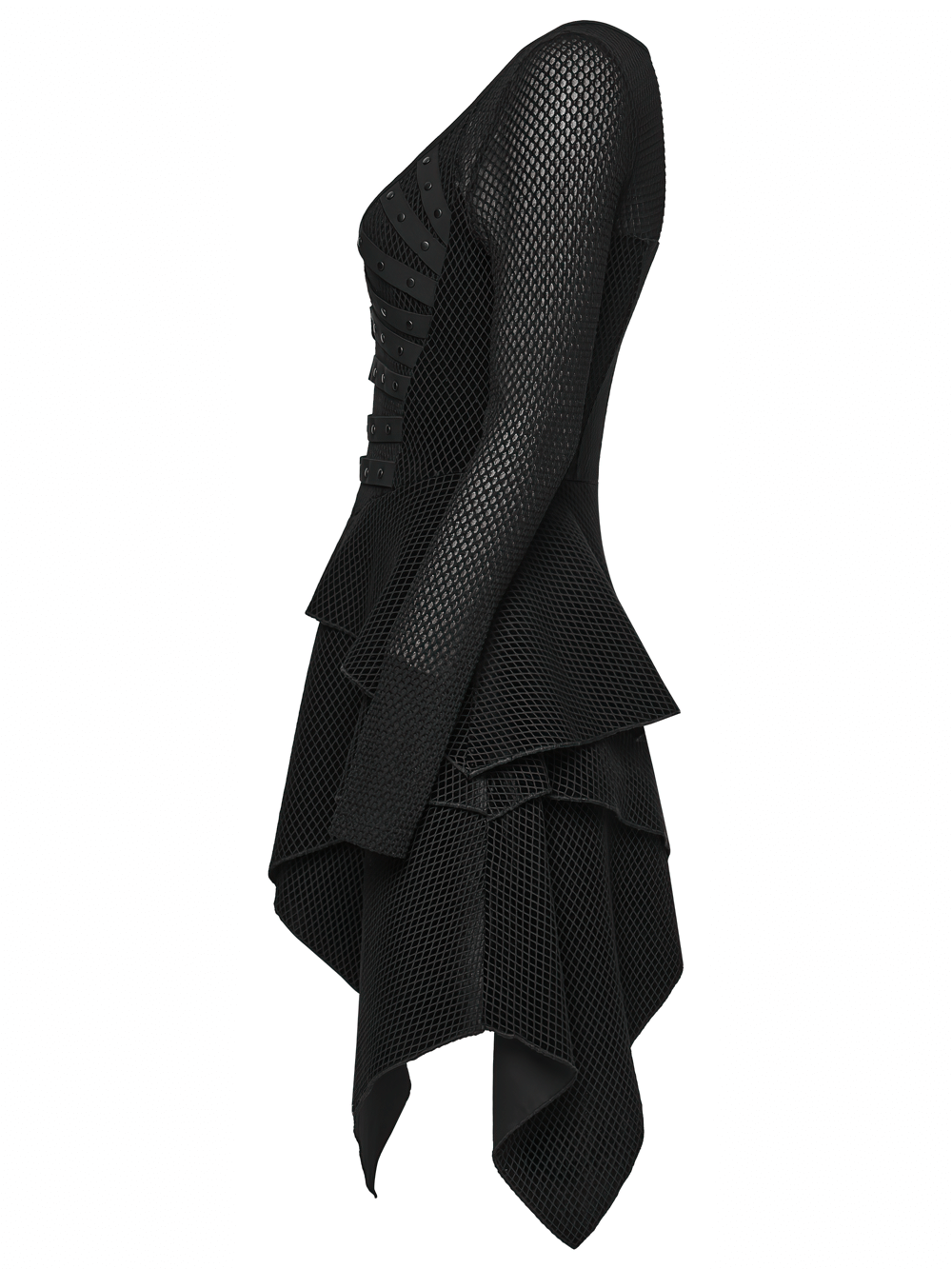 Gothic Black Mesh Dress with Rivet Waist and Layered Hem showcasing a sleek side view with edgy textures and irregular hem.