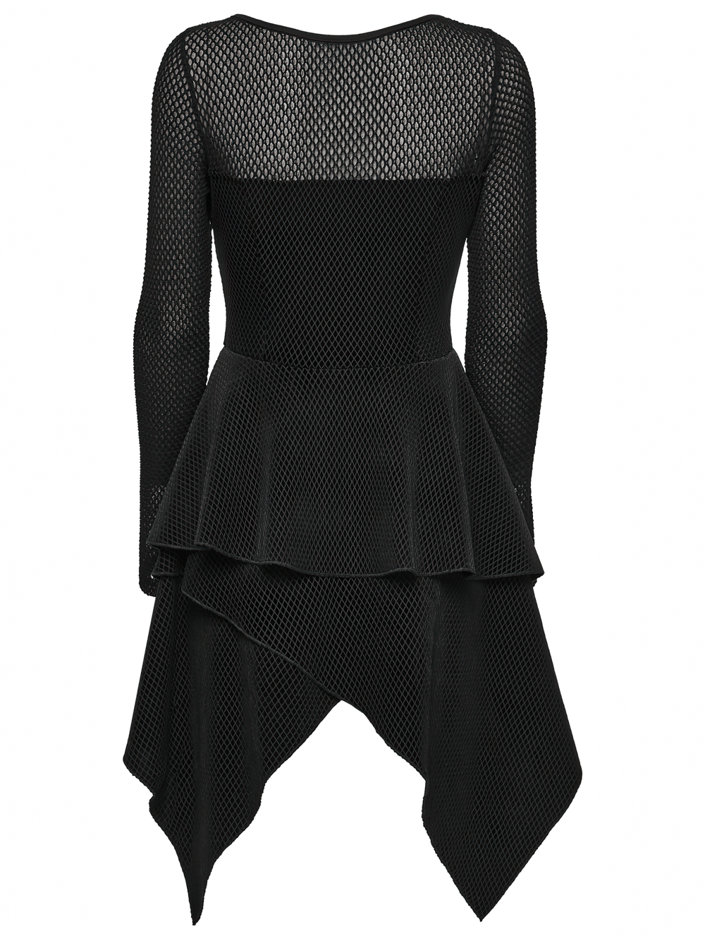 Gothic Black Mesh Dress with Rivet Waist and Layered Hem - Back view showcasing mesh and layered design.