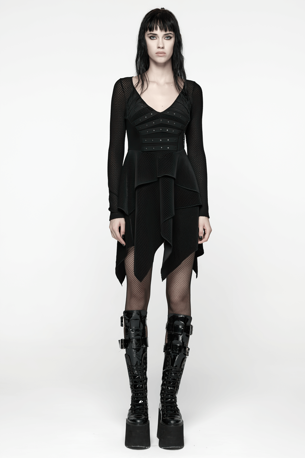Gothic Black Mesh Dress with Rivet Waist and Layered Hem worn by a model, showcasing edgy punk style.