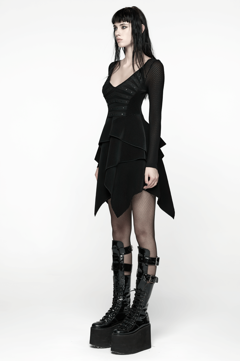 Gothic Black Mesh Dress with Rivet Waist and Layered Hem showcasing a punk style with edgy elements and layered design.