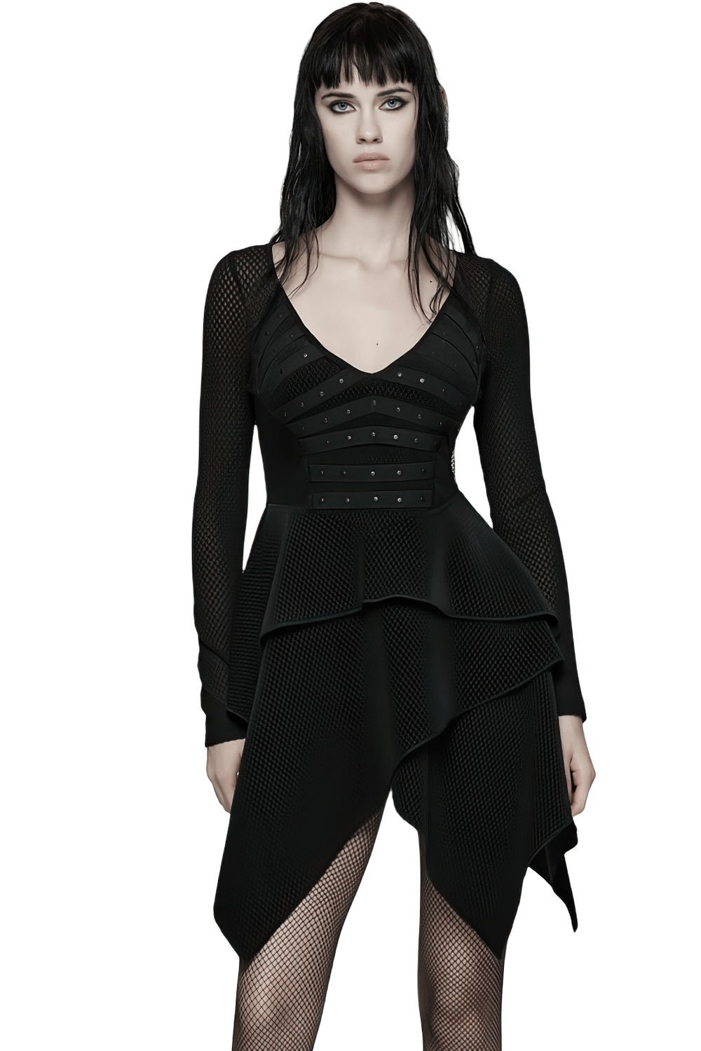 Gothic Black Mesh Dress with Rivet Waist and Layered Hem worn by model, showcasing edgy punk style and unique silhouette.