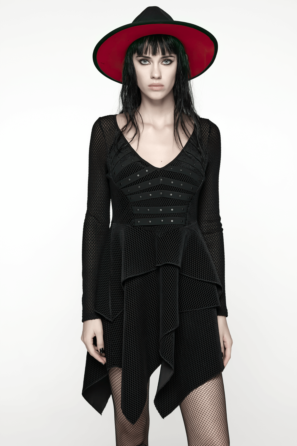 Gothic Black Mesh Dress with Rivet Waist and Layered Hem styled with edgy accessories for an alternative vibe.