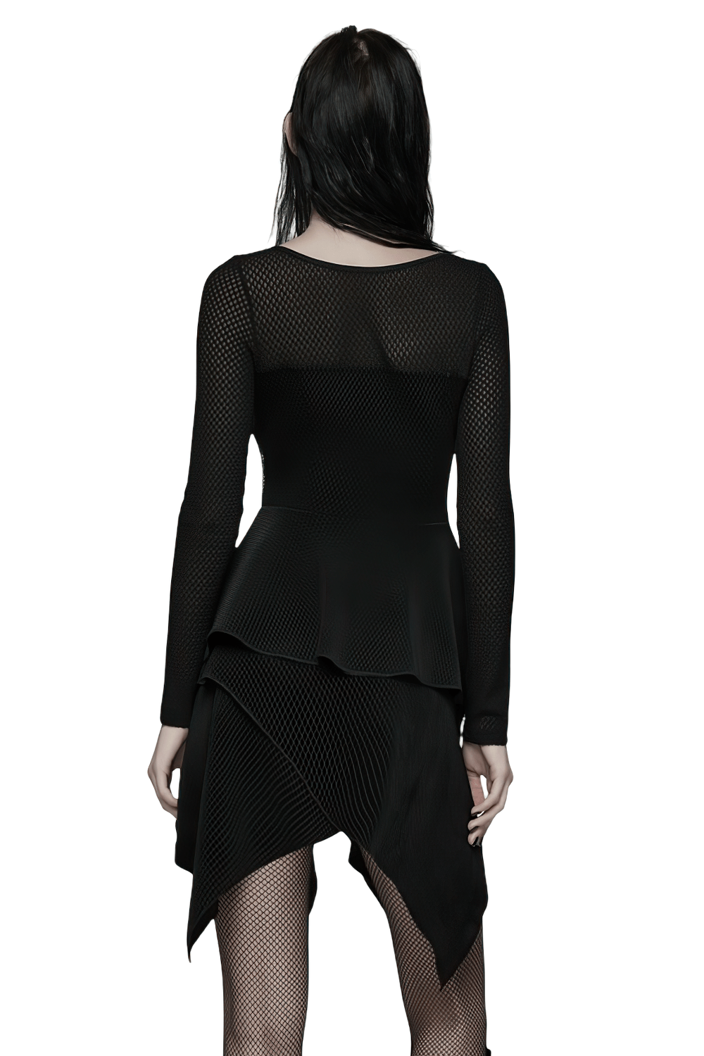 Gothic Black Mesh Dress with Rivet Waist and Layered Hem, showcasing the back view with irregular hem and mesh texture.