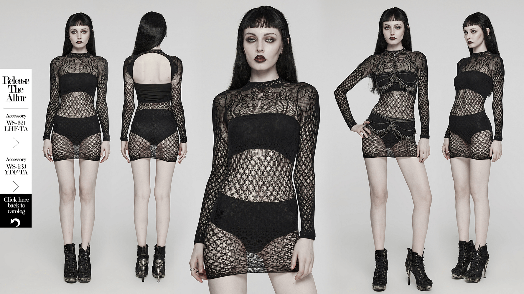 Gothic Black Mesh Dress with Vine Lace Details