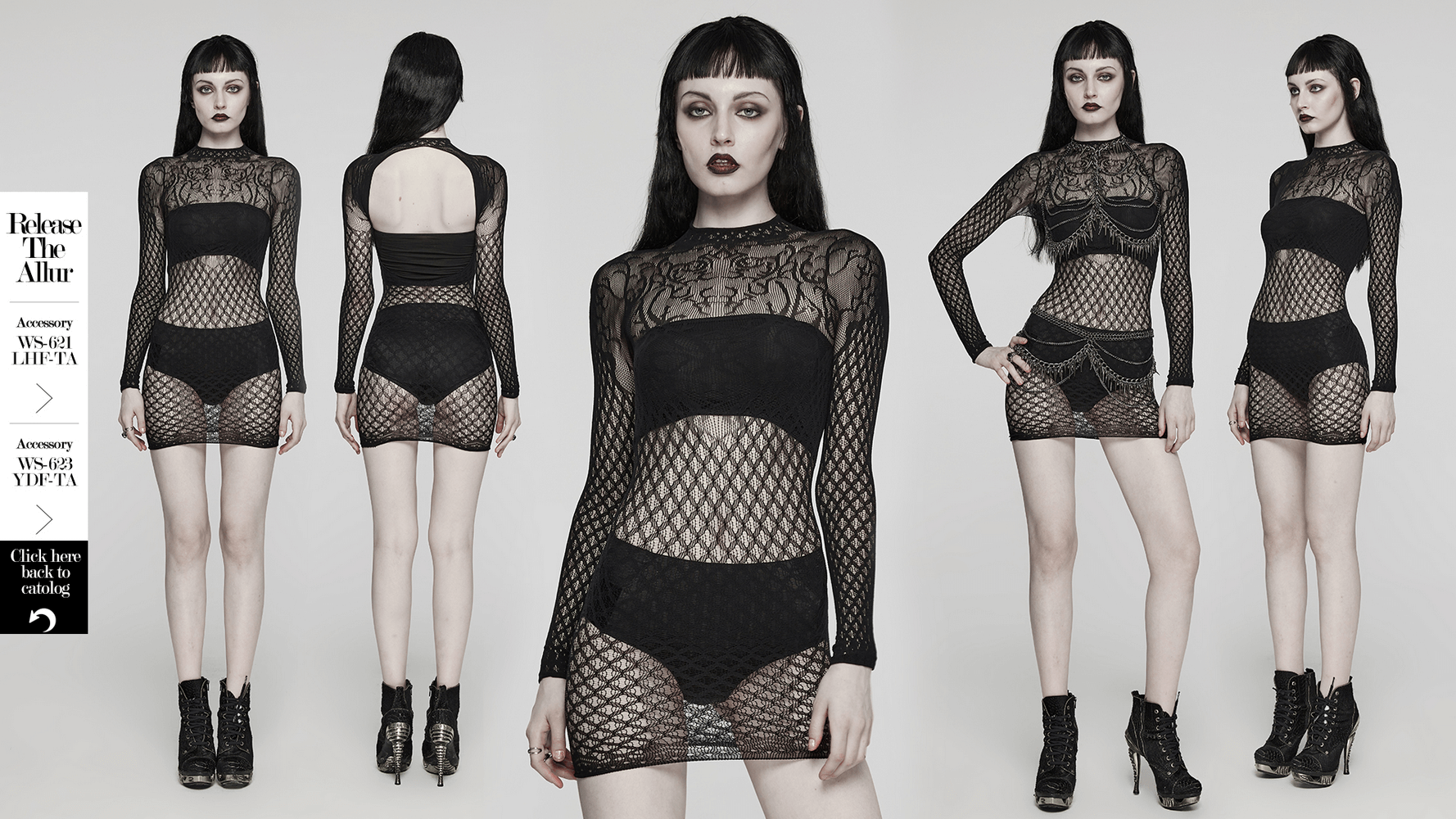 Gothic black mesh dress with vine lace details, showcasing a form-fitting design and unique hollowed-out back.