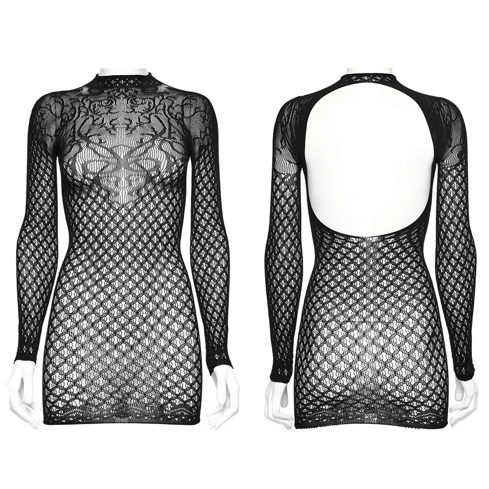 Gothic black mesh dress showcasing vine lace details and hollowed-out back, exuding dark elegance and Victorian style.