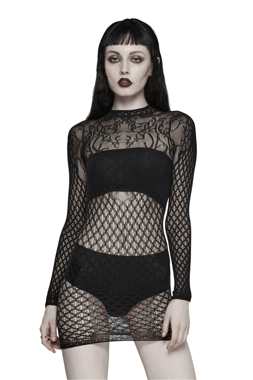 Victorian Gothic black mesh dress featuring intricate vine lace details and long sleeves, showcasing dark elegance.