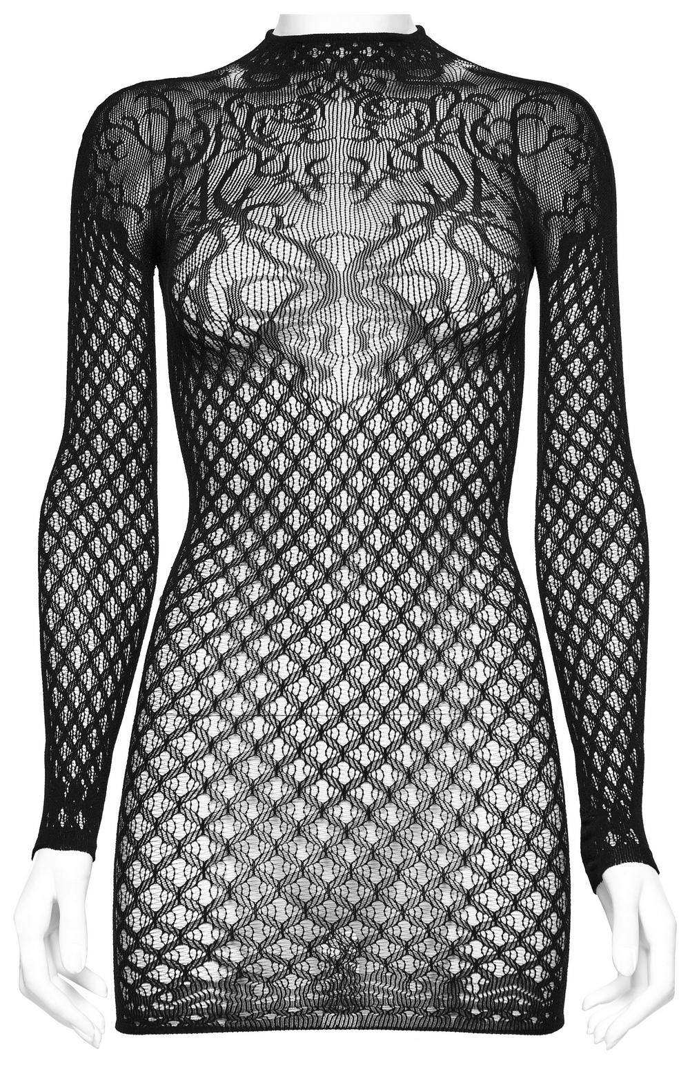 Gothic black mesh dress with vine lace details for elegant Victorian-inspired fashion.