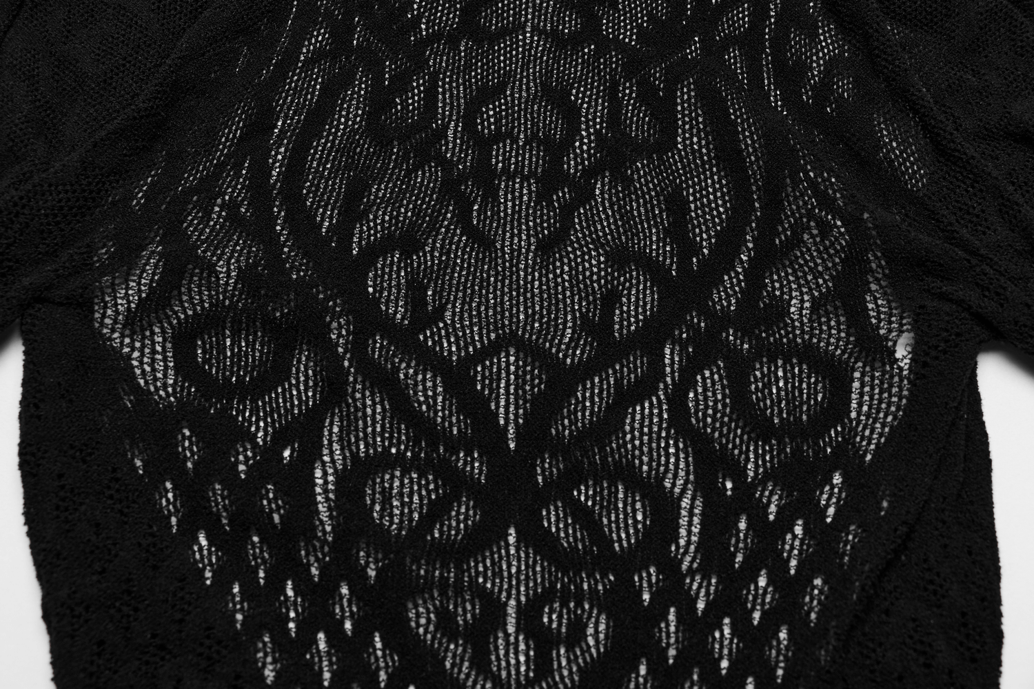 Close-up of intricate black mesh fabric featuring gothic vine lace pattern, perfect for a Victorian-style dress.