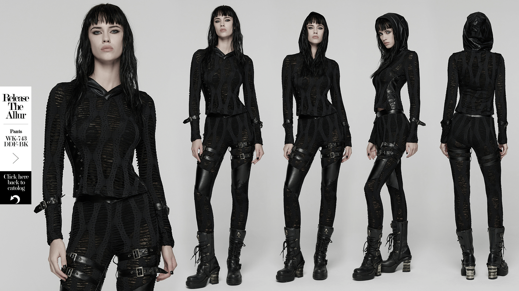 Gothic Black Mesh Hoodie Top with Buckle Cuff Detail, showcasing ragged knit and splicing for a punk-inspired look.
