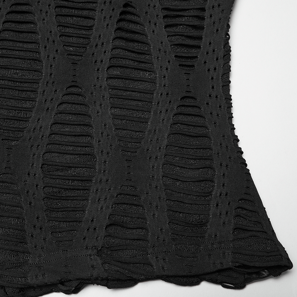 Gothic Black Mesh Hoodie Top with Buckle Cuff Detail showcasing ragged knit and splicing texture.