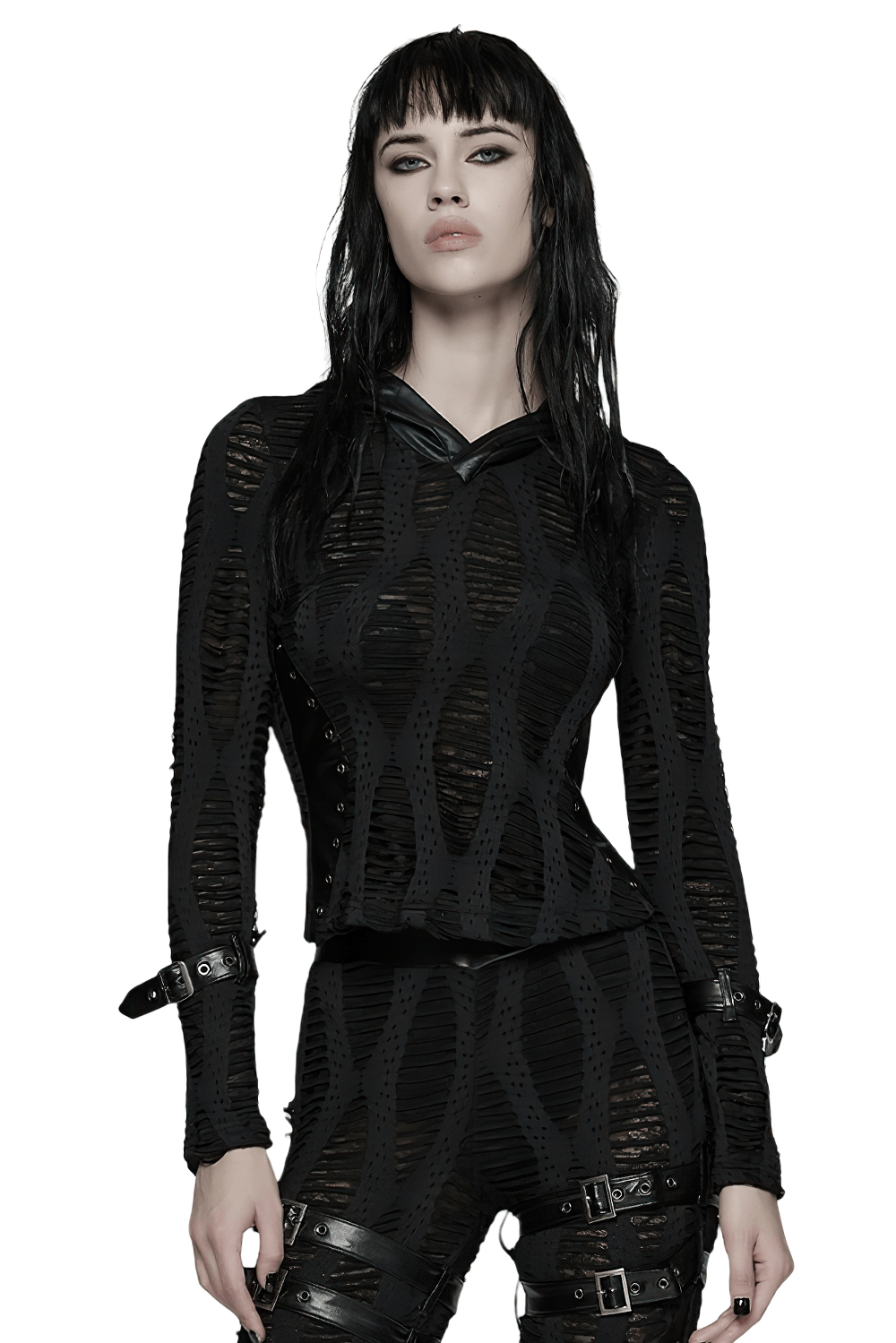 Gothic Black Mesh Hoodie Top with Buckle Cuff Detail, featuring a ragged texture and splicing for a sleek silhouette.