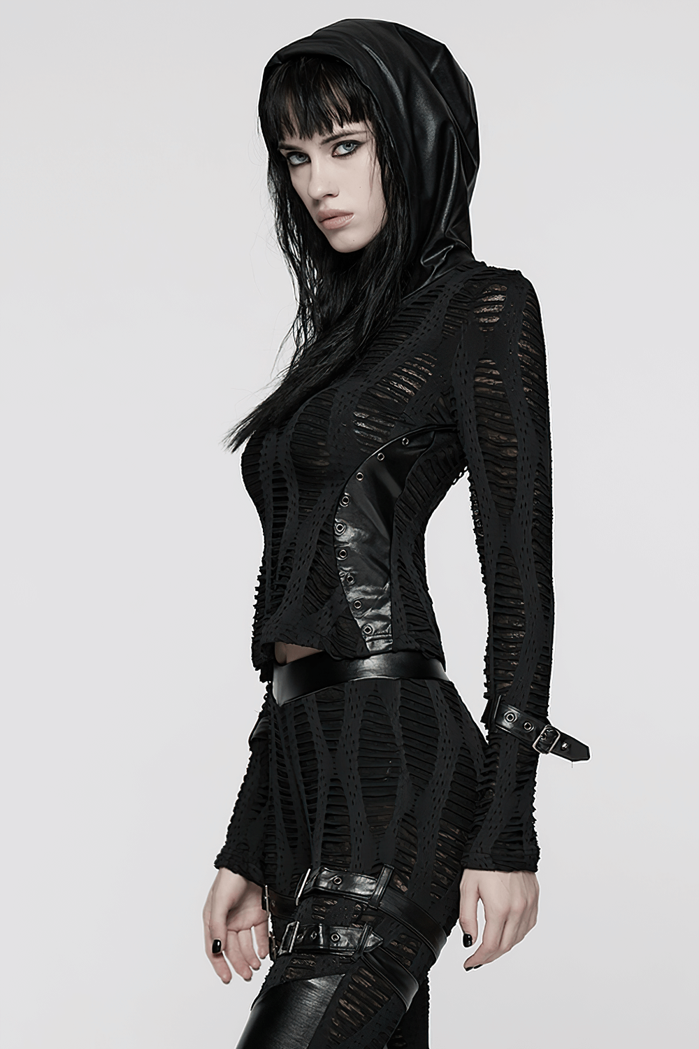 Gothic Black Mesh Hoodie Top with Buckle Cuff Detail, showcasing a punk-inspired design with ragged knit texture.