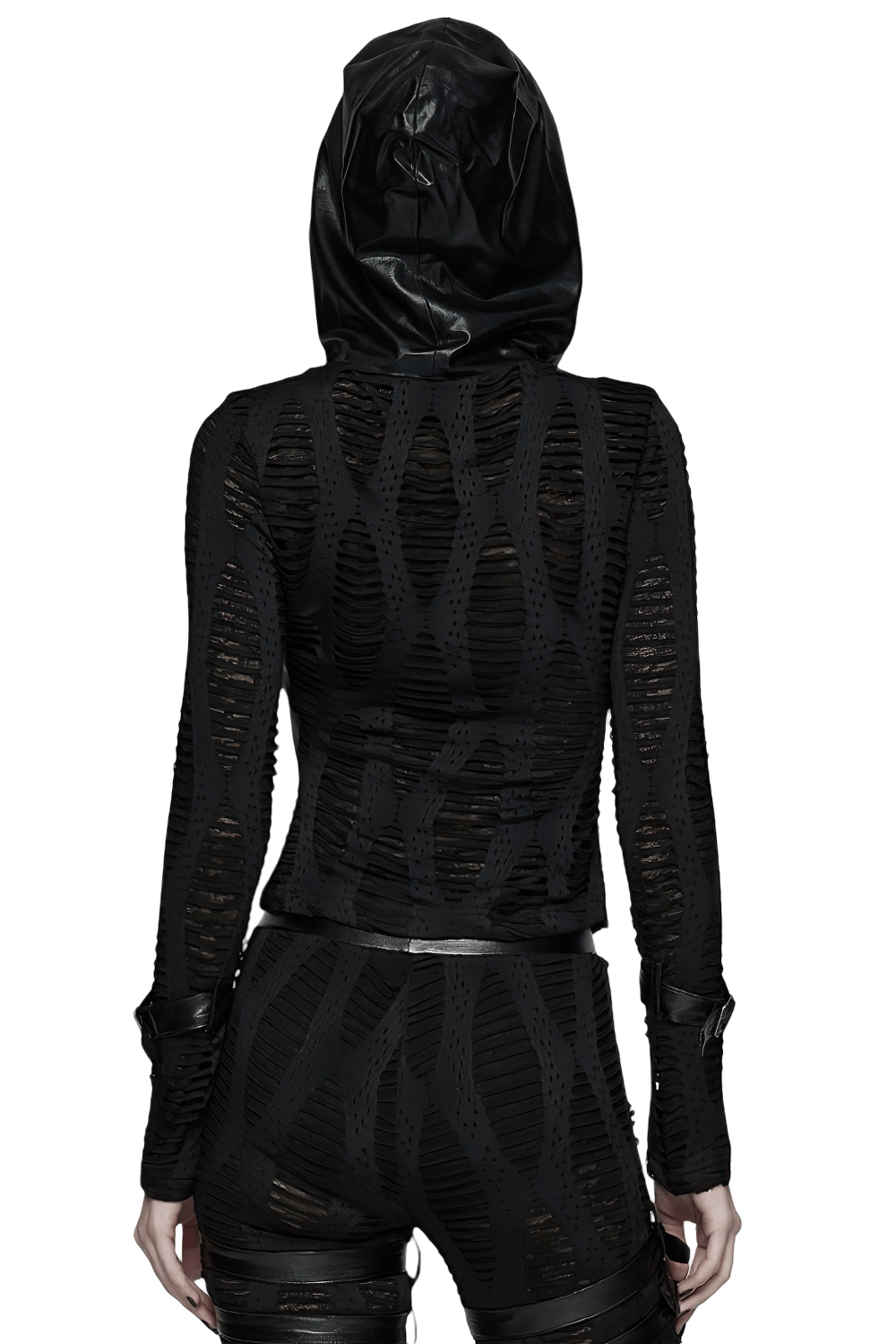 Gothic Black Mesh Hoodie Top with Buckle Cuff Detail showcasing edgy ragged texture and stylish hood from the back.