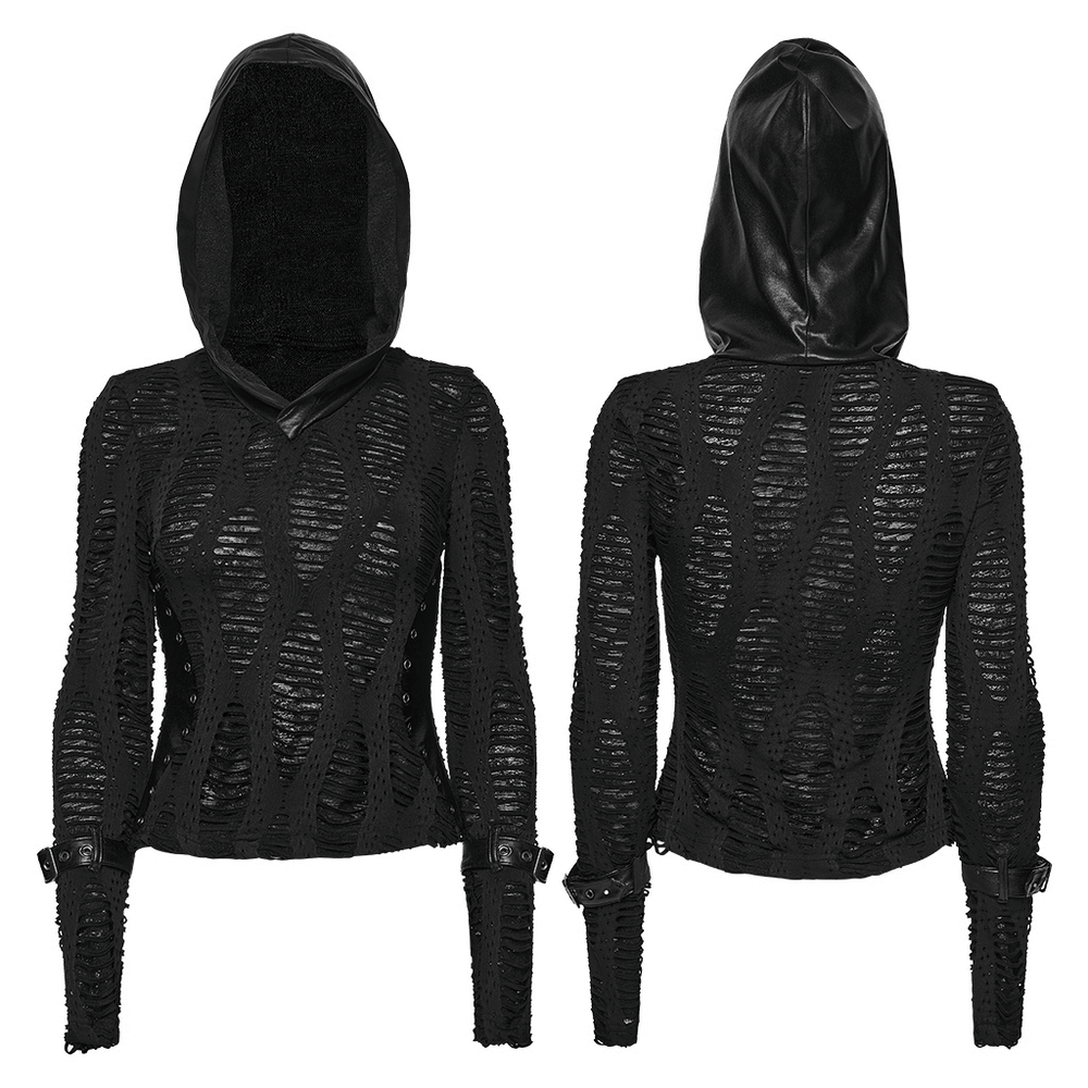 Gothic Black Mesh Hoodie Top with Buckle Cuff Detail showcasing edgy texture and unique design.