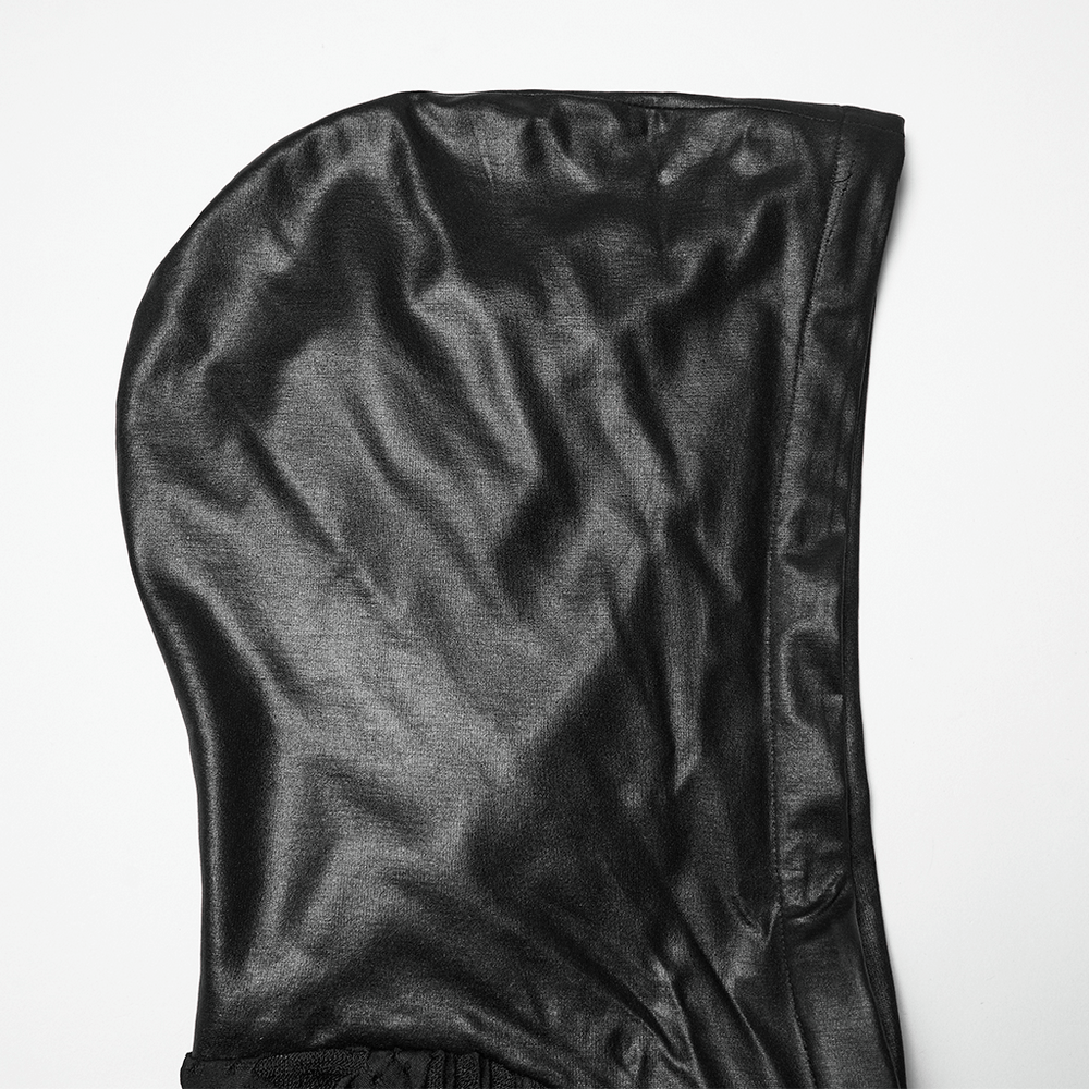 Gothic Black Mesh Hoodie Top with Buckle Cuff Detail, featuring a sleek hood design in luxurious black fabric.