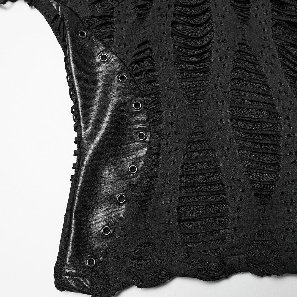 Gothic Black Mesh Hoodie Top with Buckle Cuff Detail showing ragged knit and splicing details on the side.