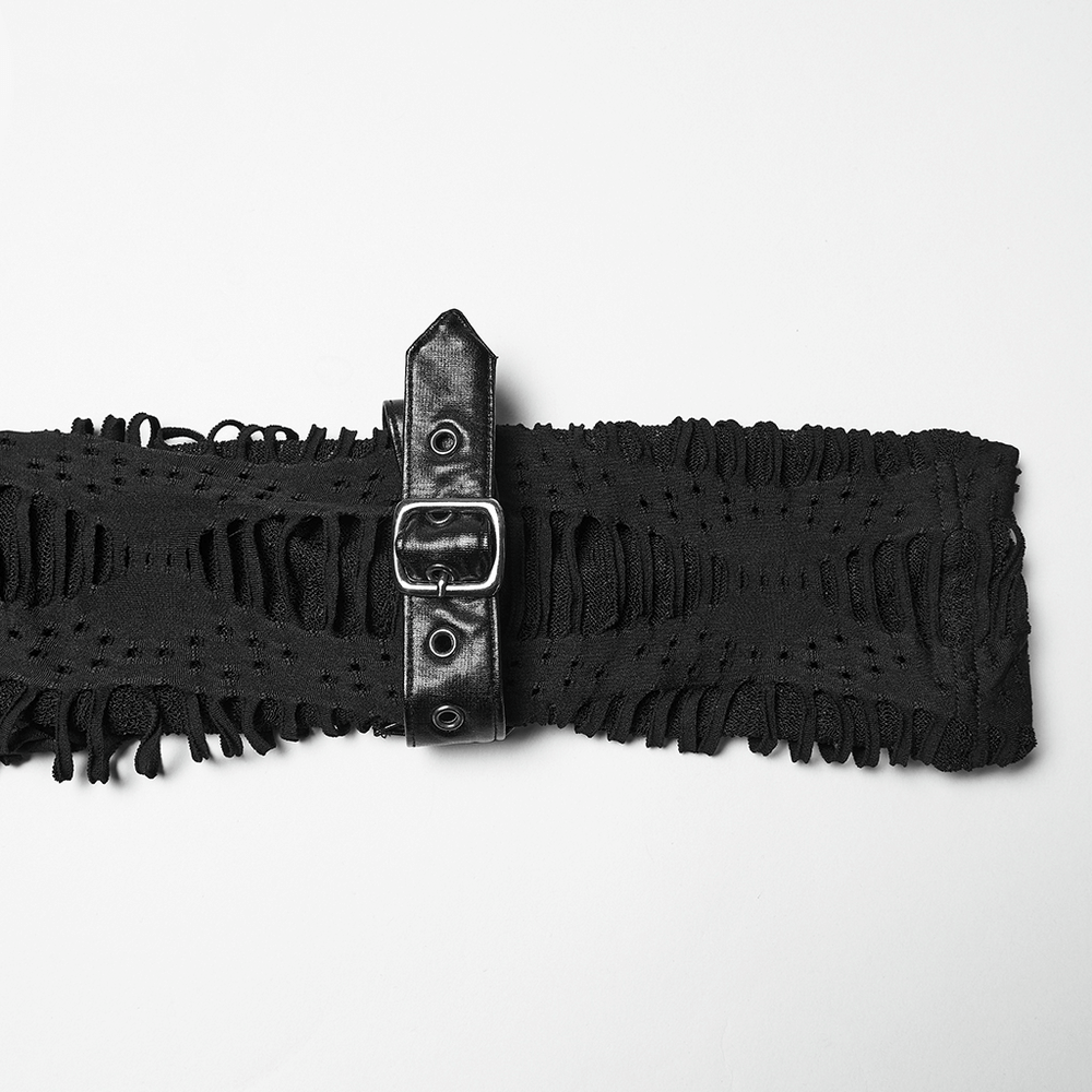 Gothic Black Mesh Hoodie Top with Buckle Cuff Detail showcasing unique buckle cuff design and ragged knit texture.