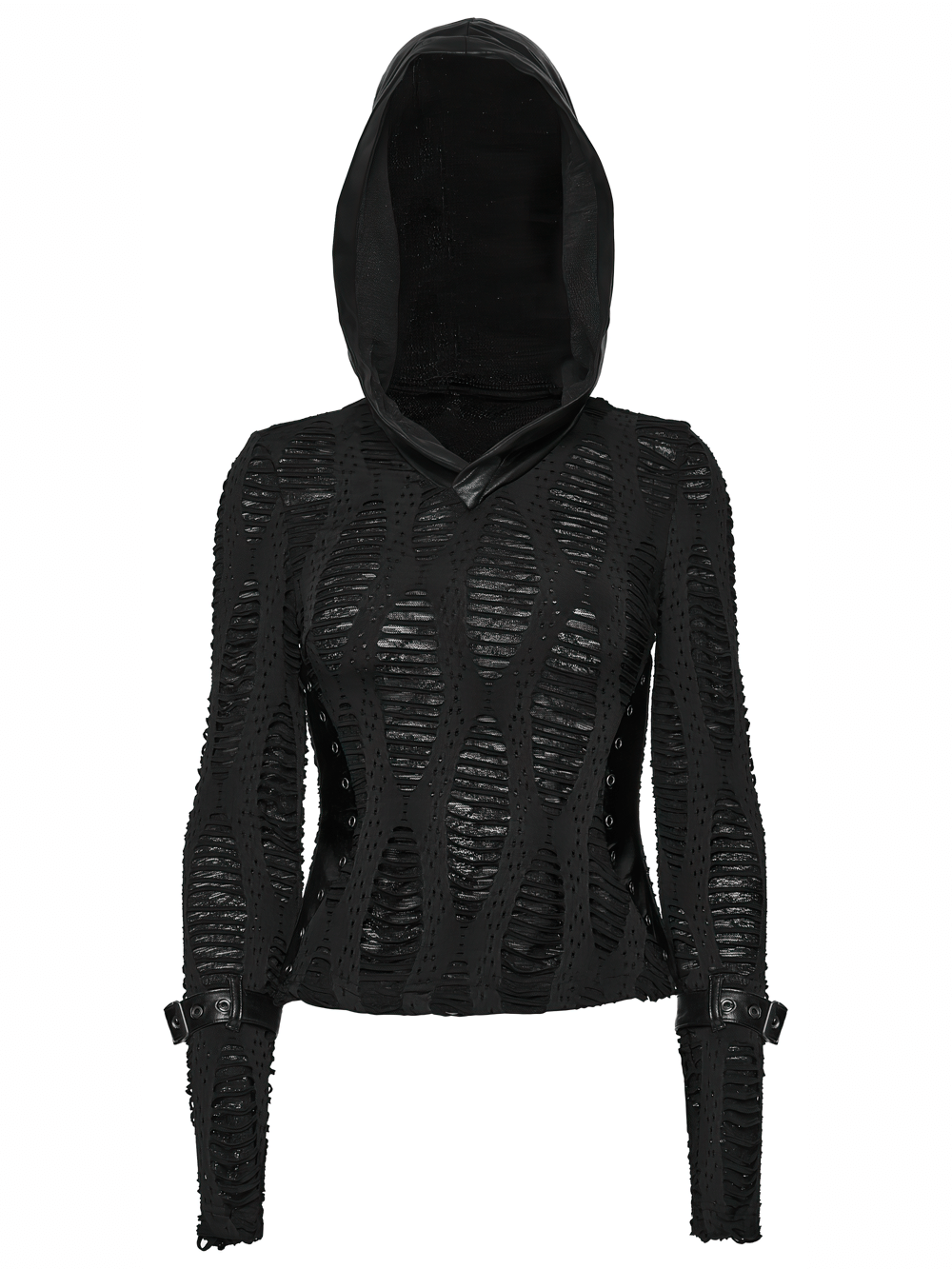 Gothic Black Mesh Hoodie Top with Buckle Cuff Detail featuring ragged knit and edgy splicing design.