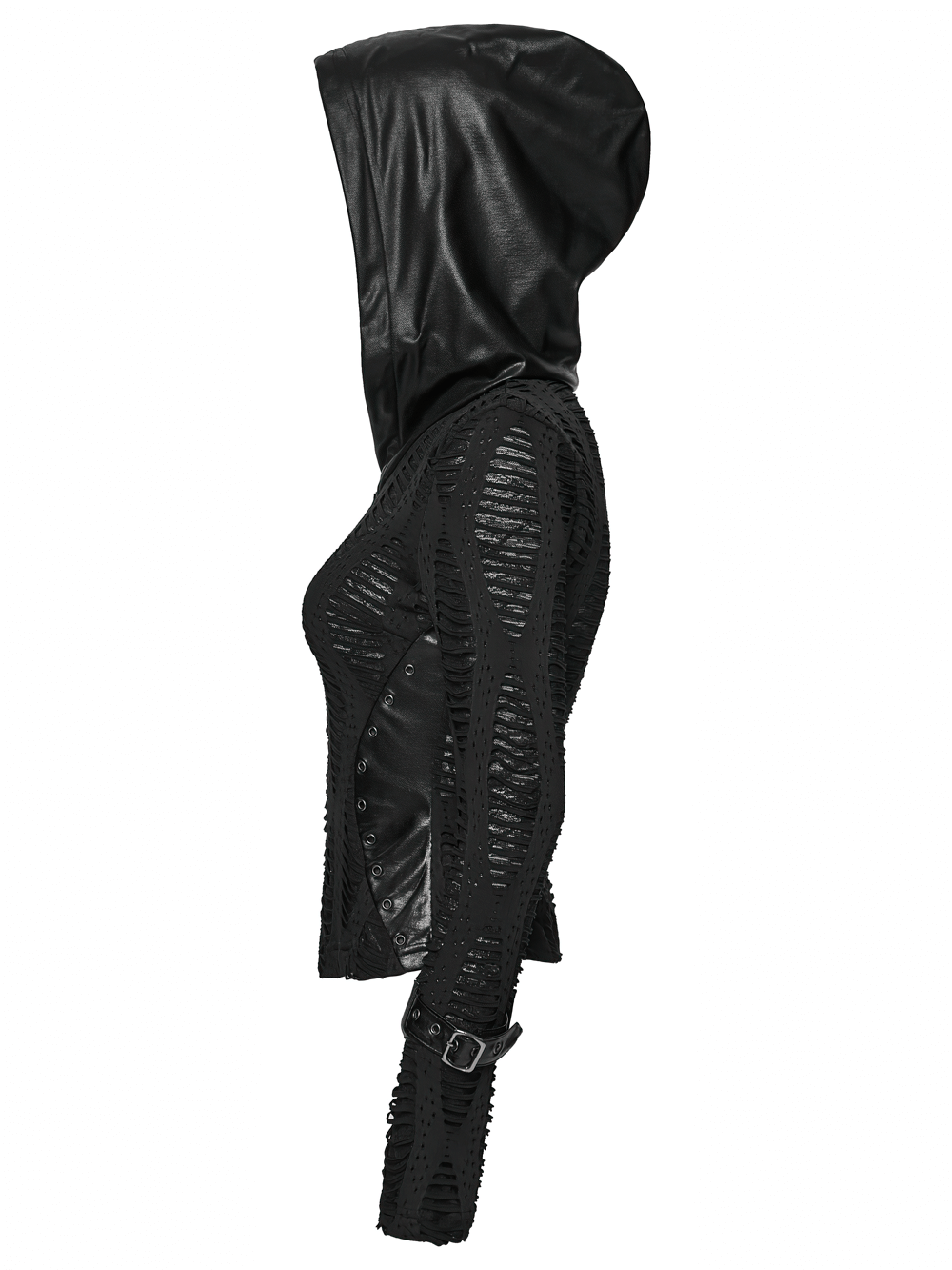 Gothic Black Mesh Hoodie Top with Buckle Cuff Detail showcasing ragged texture and edgy design from the side.