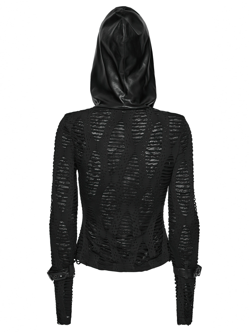 Gothic Black Mesh Hoodie Top with Buckle Cuff Detail showcasing the edgy ragged texture and hood design.