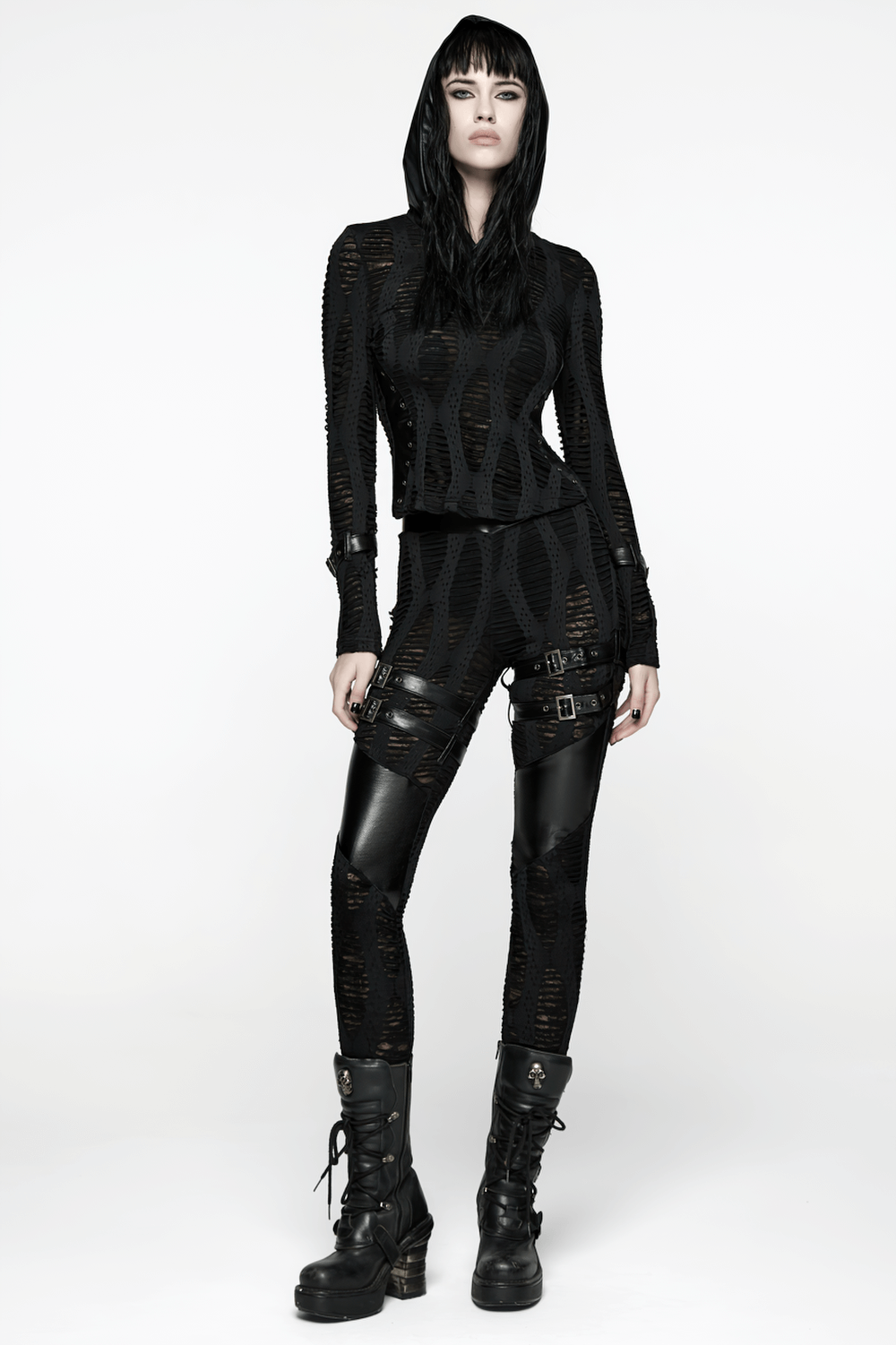 Gothic Black Mesh Hoodie Top with Buckle Cuff Detail worn with matching leggings and boots, showcasing a punk fashion style.