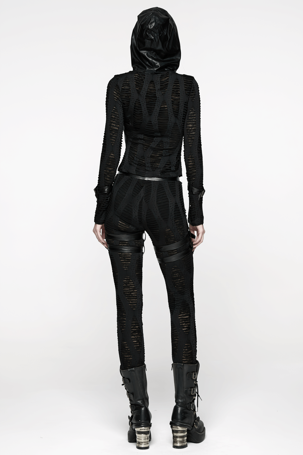 Gothic Black Mesh Hoodie Top with Buckle Cuff Detail featuring a sleek fit and edgy design from the back.