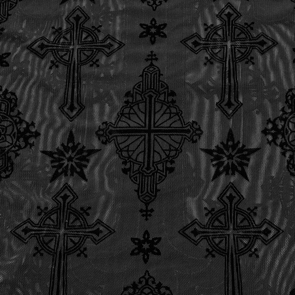 Black mesh fabric featuring intricate cross and floral embroidery designs for a gothic aesthetic.