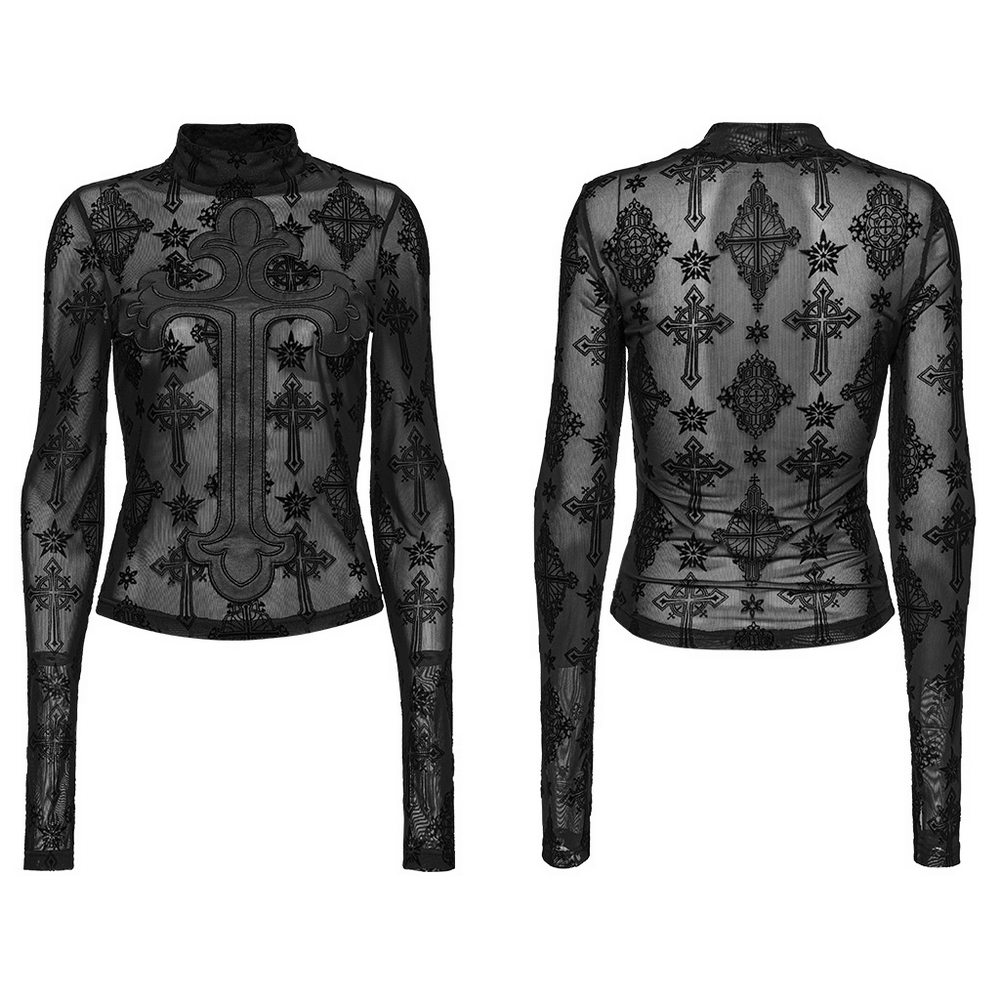 Gothic black mesh long sleeve top featuring intricate cross embroidery, perfect for a retro gothic style.