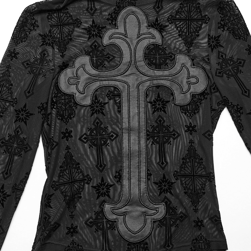 Gothic black mesh long sleeve top featuring intricate cross embroidery and flocked patterns, perfect for a retro style.