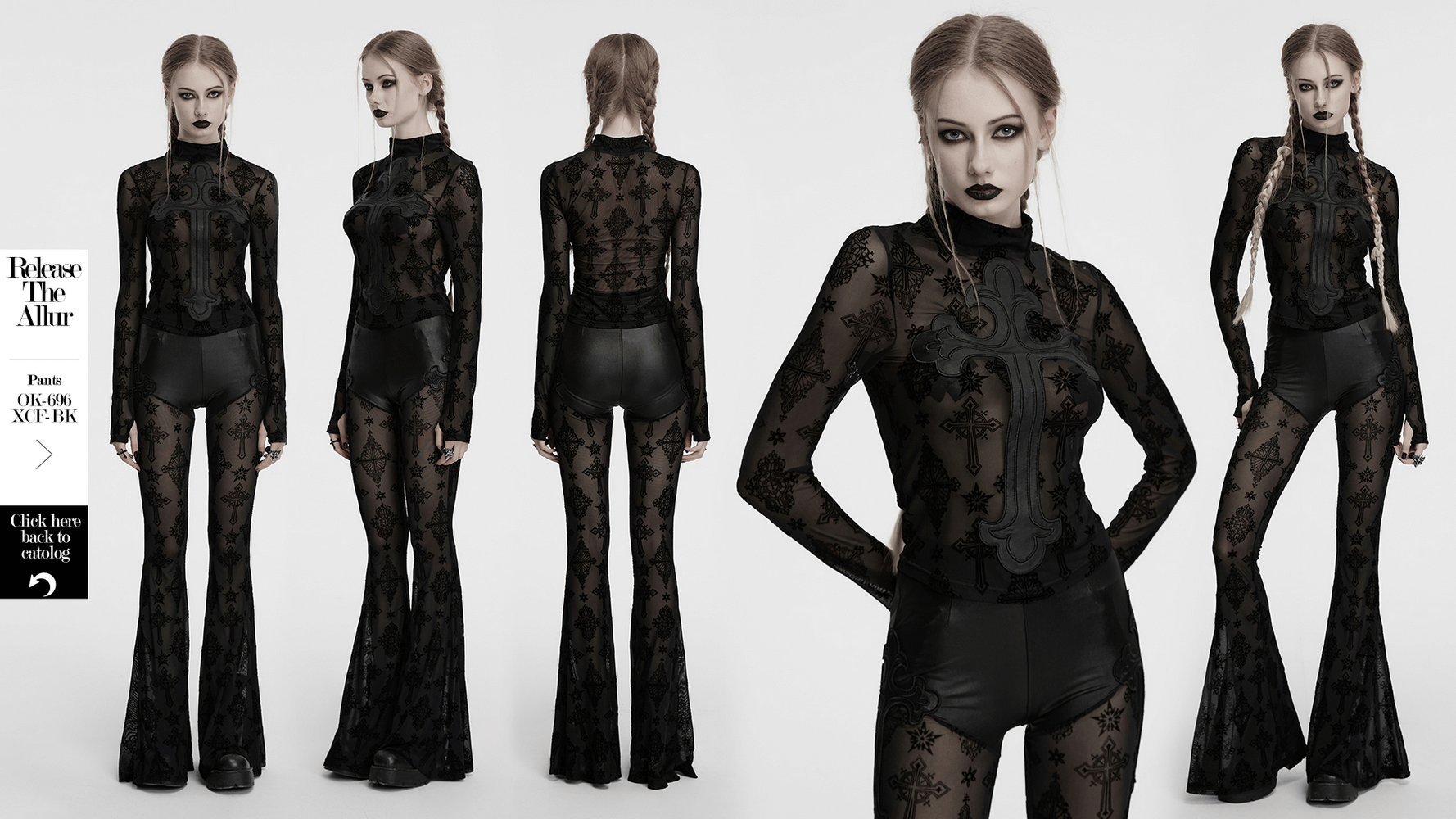 Gothic black mesh long sleeved top with cross embroidery, paired with flared pants for a striking retro look.