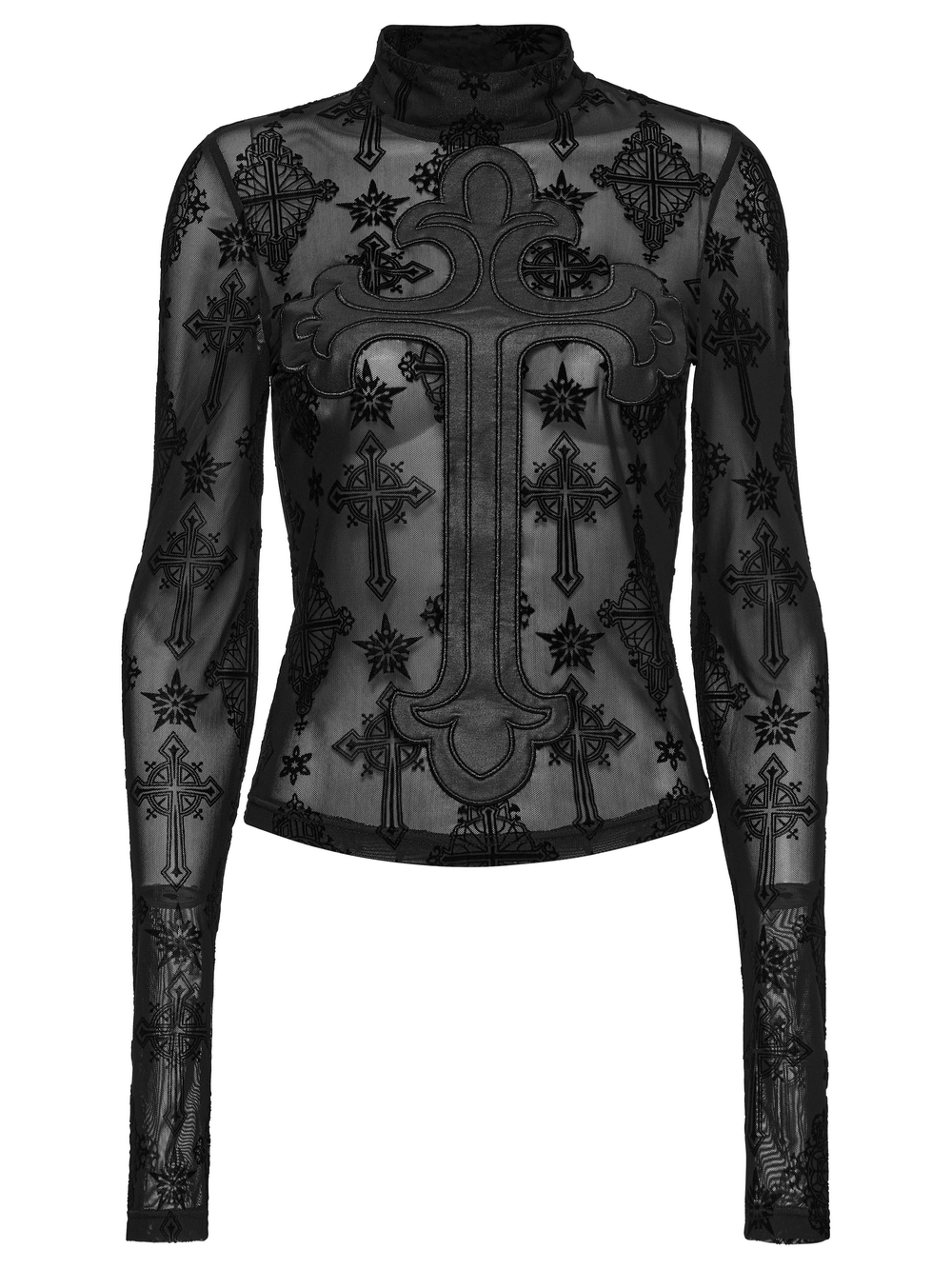 Gothic black mesh long sleeved top with intricate cross embroidery, perfect for a retro gothic look.