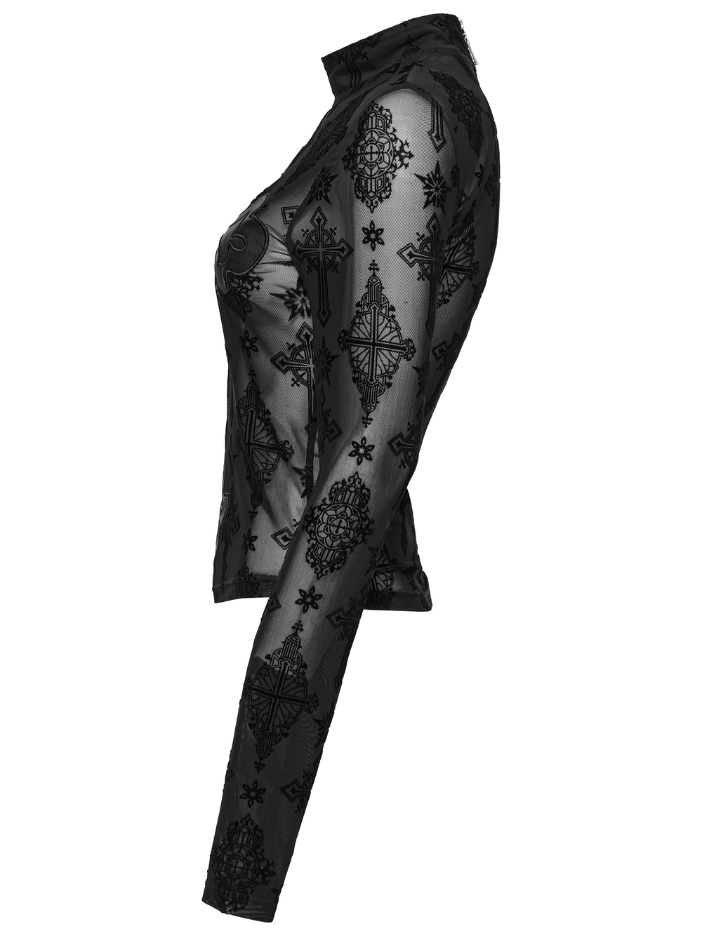 Gothic black mesh long sleeved top featuring intricate cross embroidery, perfect for a retro gothic look.