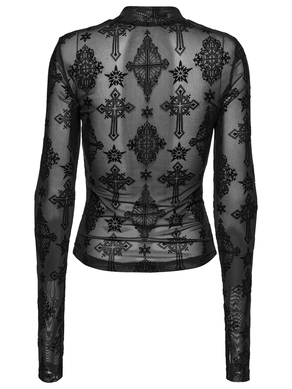 Back view of gothic black long-sleeved mesh top with intricate cross embroidery and retro design.