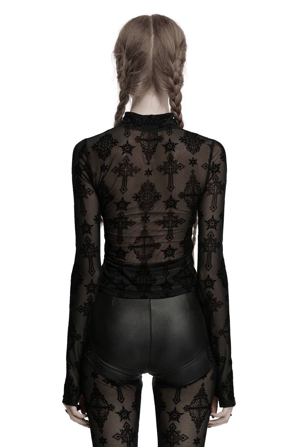 Back view of gothic black mesh long sleeve top with cross embroidery, showcasing its retro design and fitted style.
