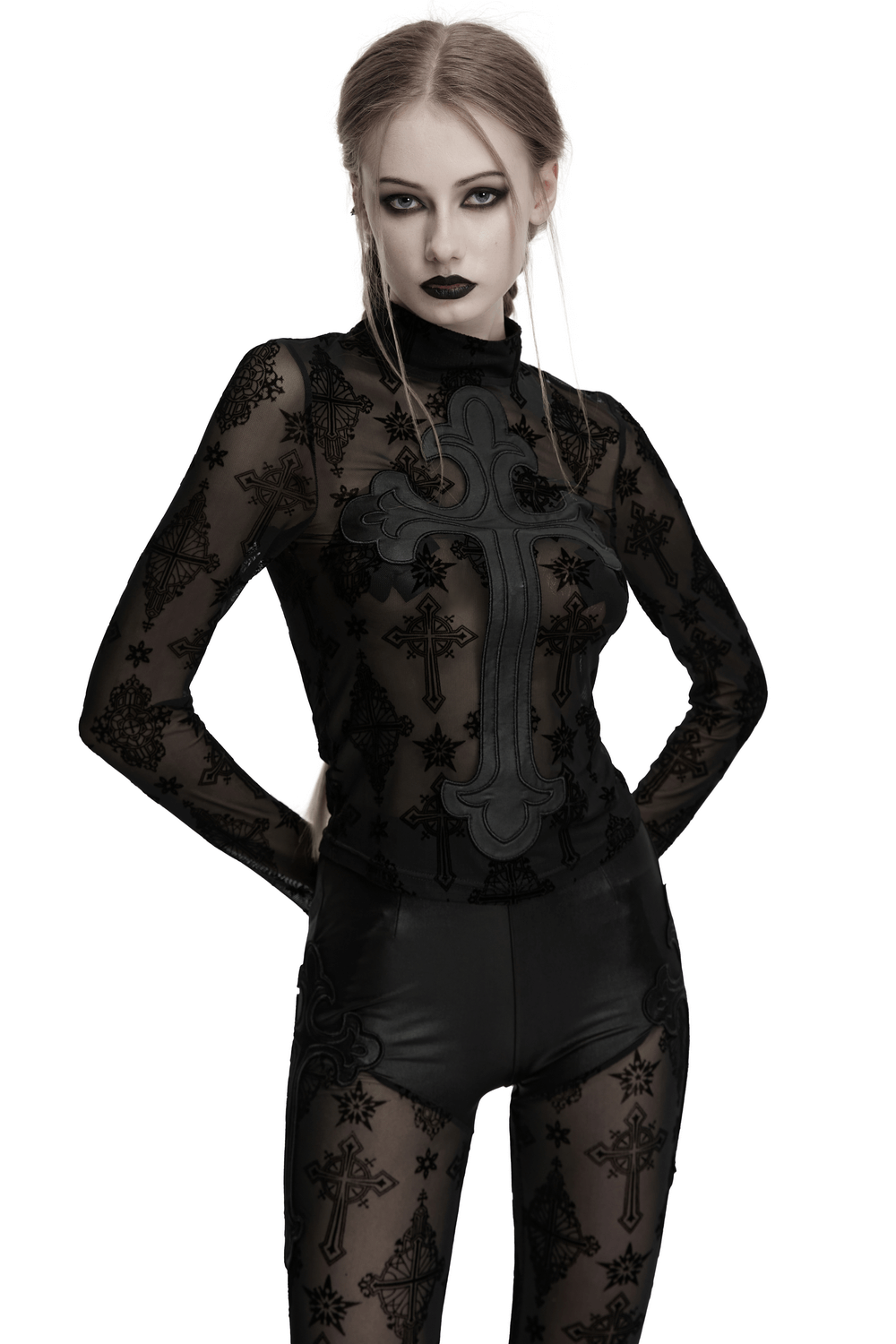 Gothic black mesh long sleeved top with cross embroidery, featuring a fitted design and retro gothic style.