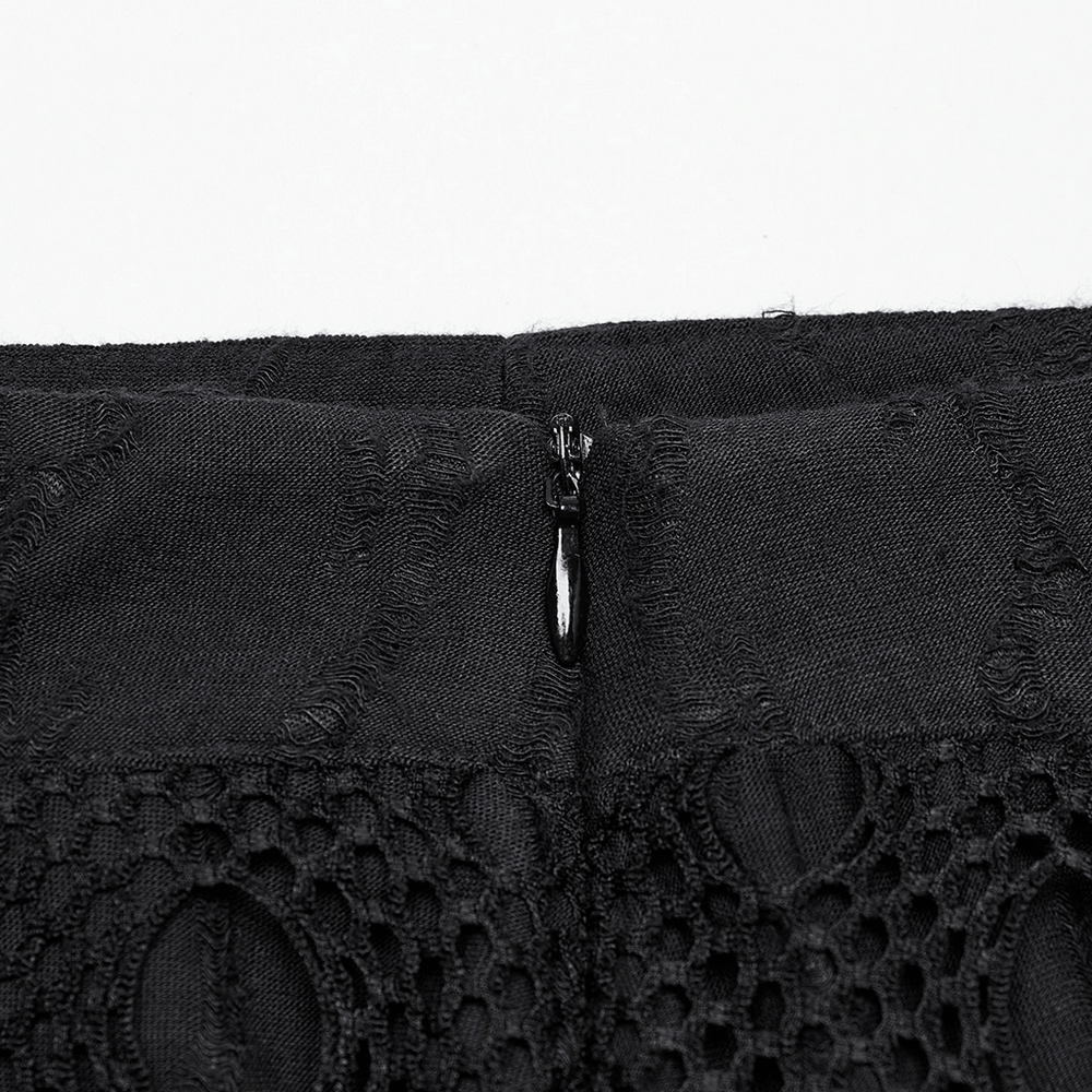 Close-up of the zipper detail on a Gothic Black Mesh Overlay Maxi Skirt, showcasing intricate mesh and elastic knit fabric.