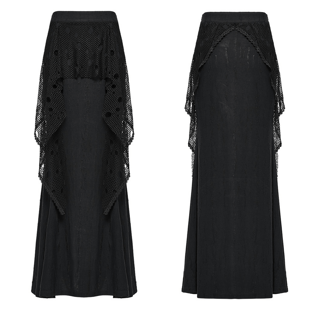 Gothic Black Mesh Overlay Maxi Skirt for Women featuring a layered fish tail design and unique perforated mesh details.