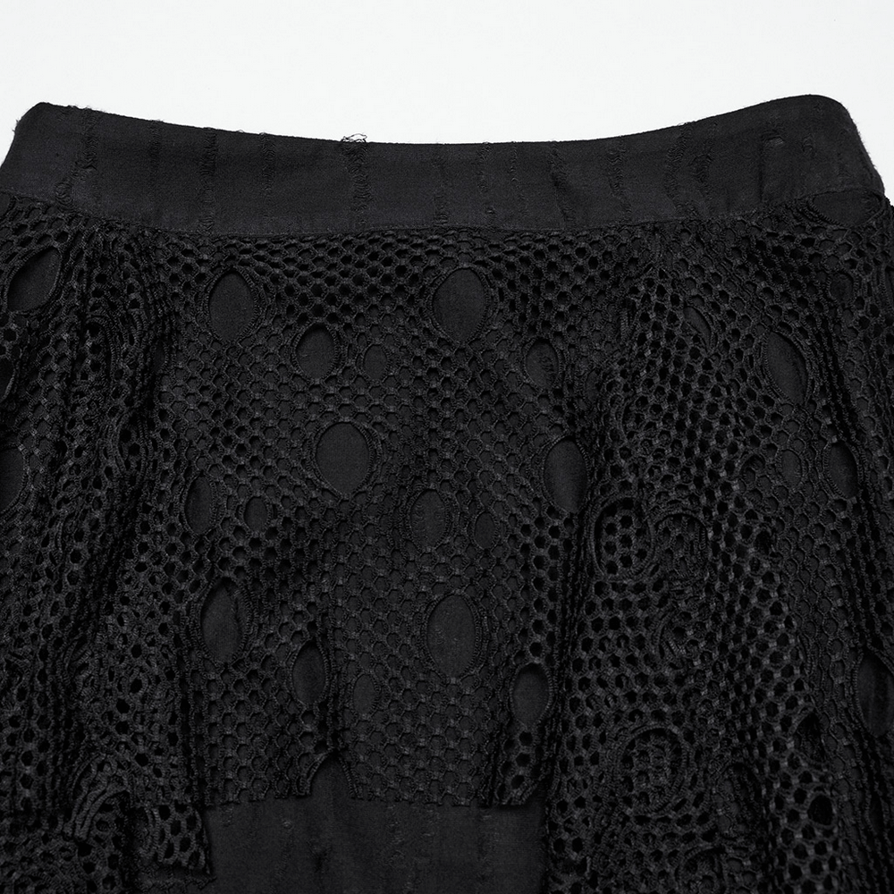 Gothic black mesh overlay maxi skirt showcasing intricate perforated mesh detail and unique layered structure.