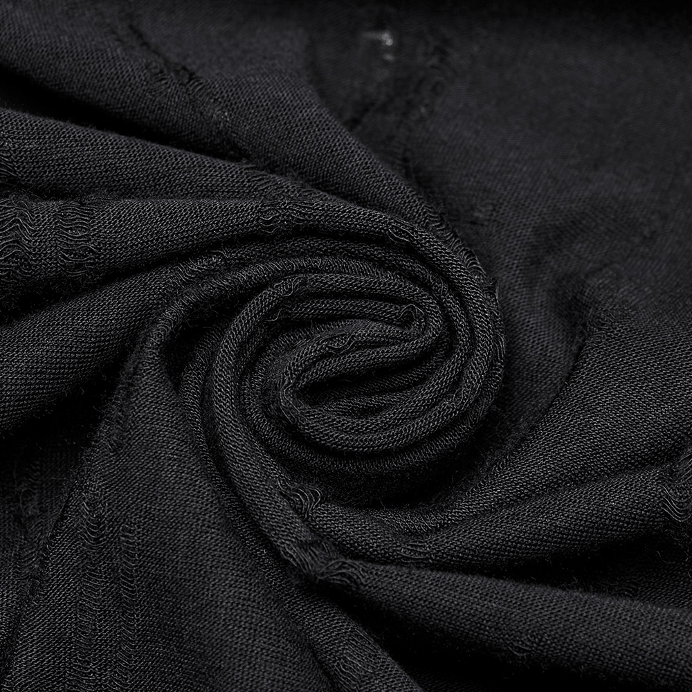 Close-up of black elastic knit fabric showcasing its soft, tattered texture, ideal for Gothic fashion designs.