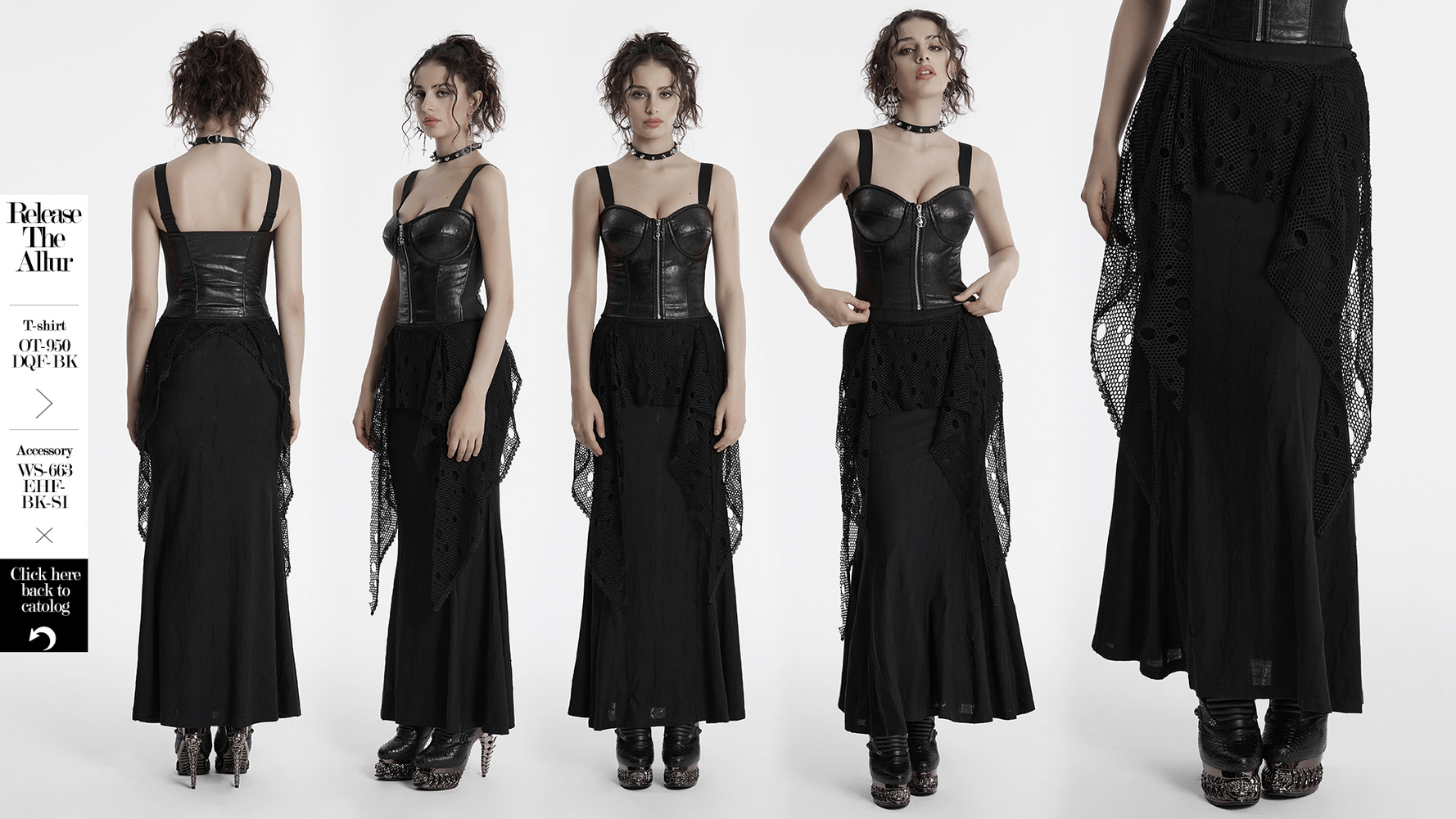 Gothic black mesh overlay maxi skirt showcasing punk elegance with layered fish tail design and intricate details.