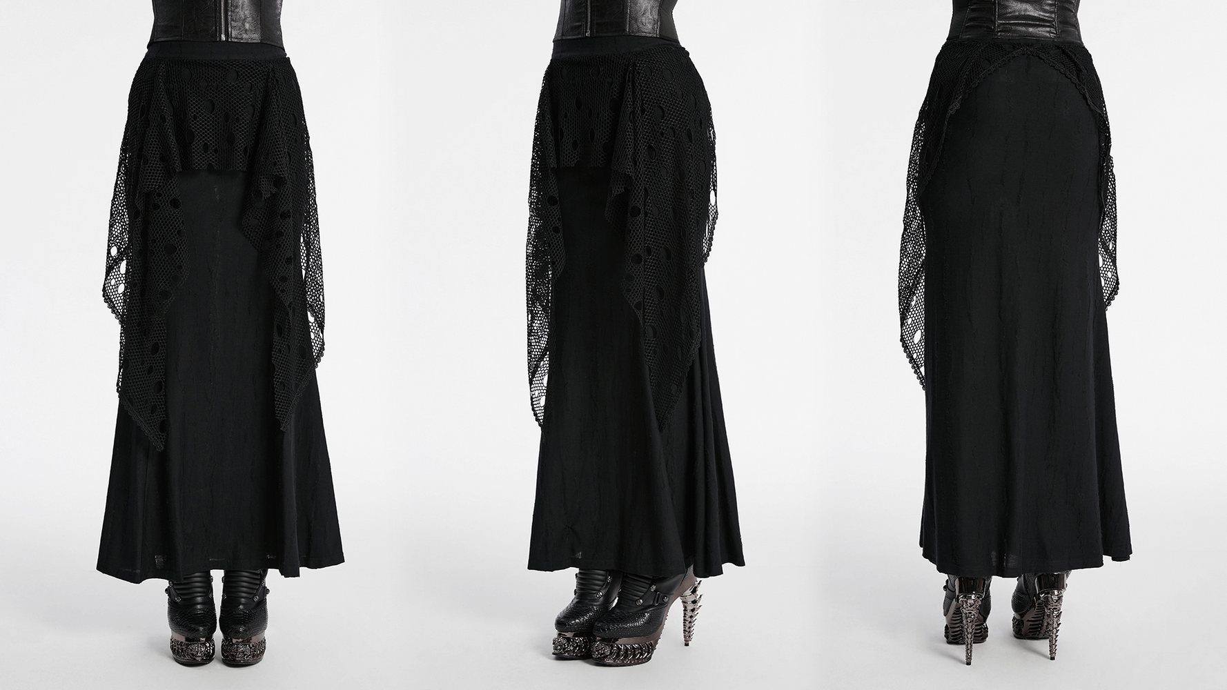 Gothic black mesh overlay maxi skirt showcasing a punk fish tail design with intricate tattered details and stylish layered silhouette.