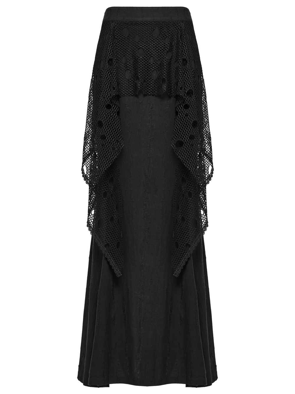 Gothic Black Mesh Overlay Maxi Skirt for Women, featuring layered fish tail design and intricate mesh detail.