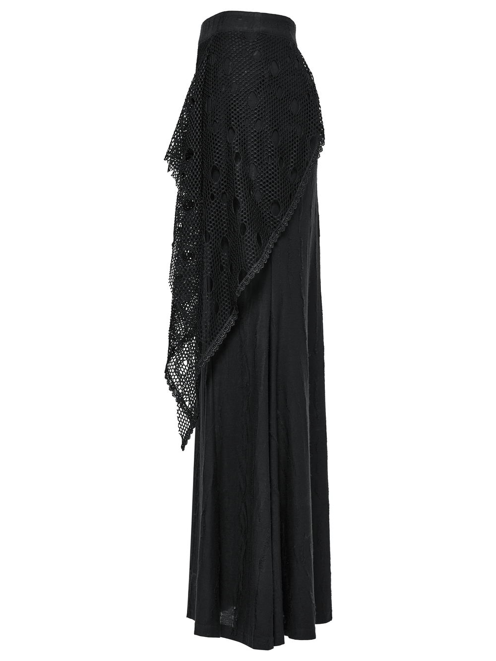 Gothic Black Mesh Overlay Maxi Skirt for Women, featuring a punk-inspired fish tail design and layered mesh detail.