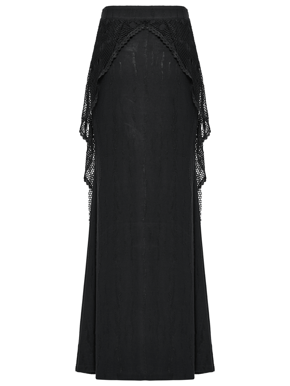 Gothic black mesh overlay maxi skirt featuring layered fish tail design and irregular cut for a punk-inspired look.