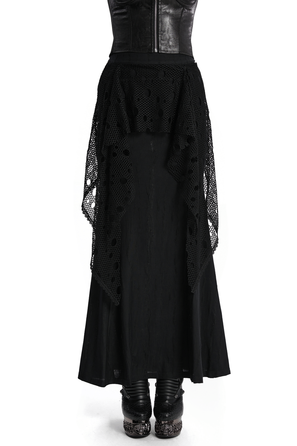 Gothic Black Mesh Overlay Maxi Skirt for Women, featuring layered fish tail cut and punk-inspired tattered details.