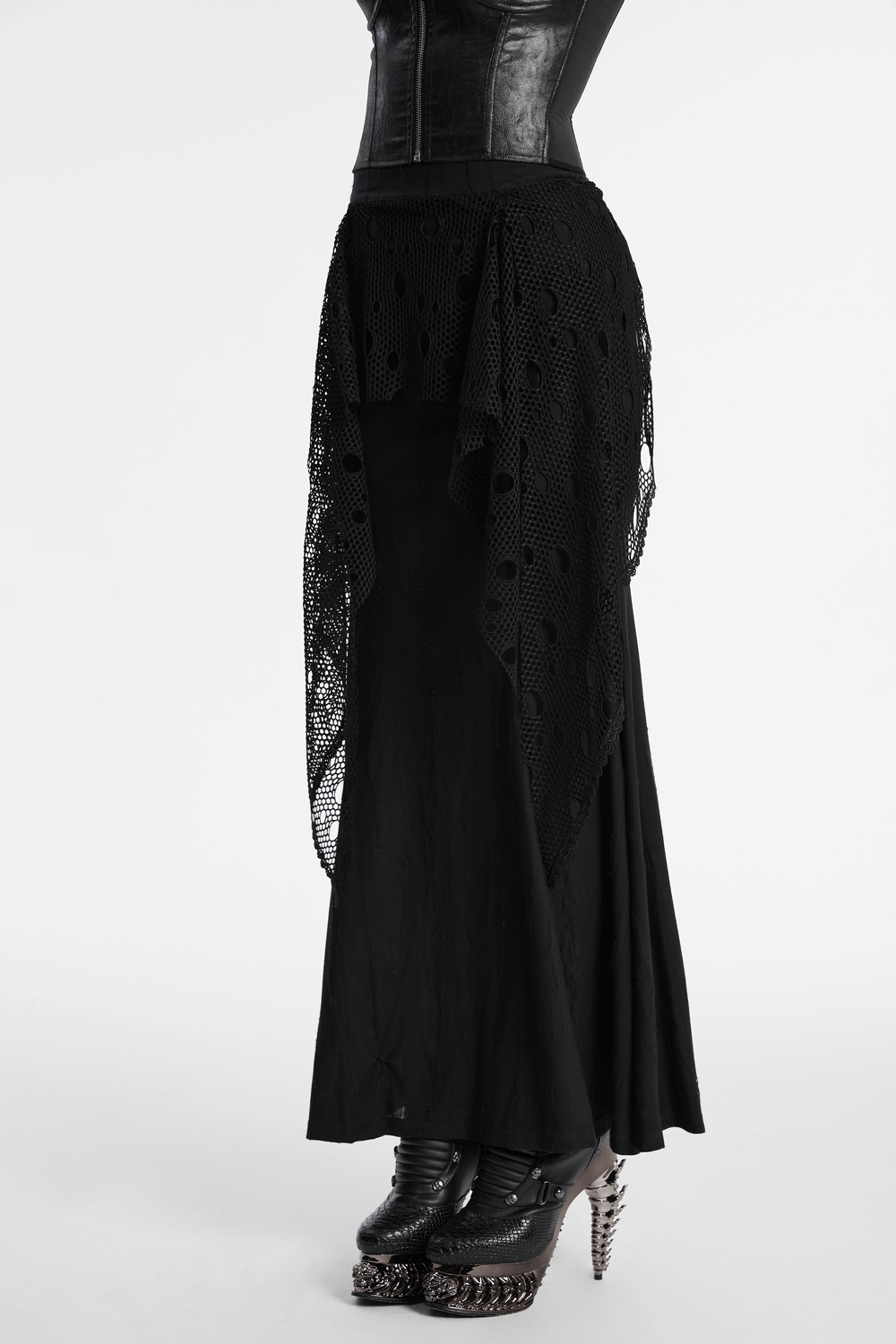 Gothic Black Mesh Overlay Maxi Skirt for Women, featuring edgy layered design and intricate perforated mesh details.