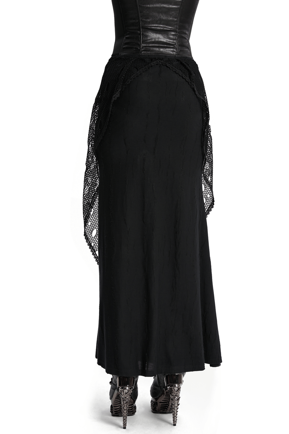 Gothic black mesh overlay maxi skirt with fish tail design, showing layered structure and edgy aesthetic.