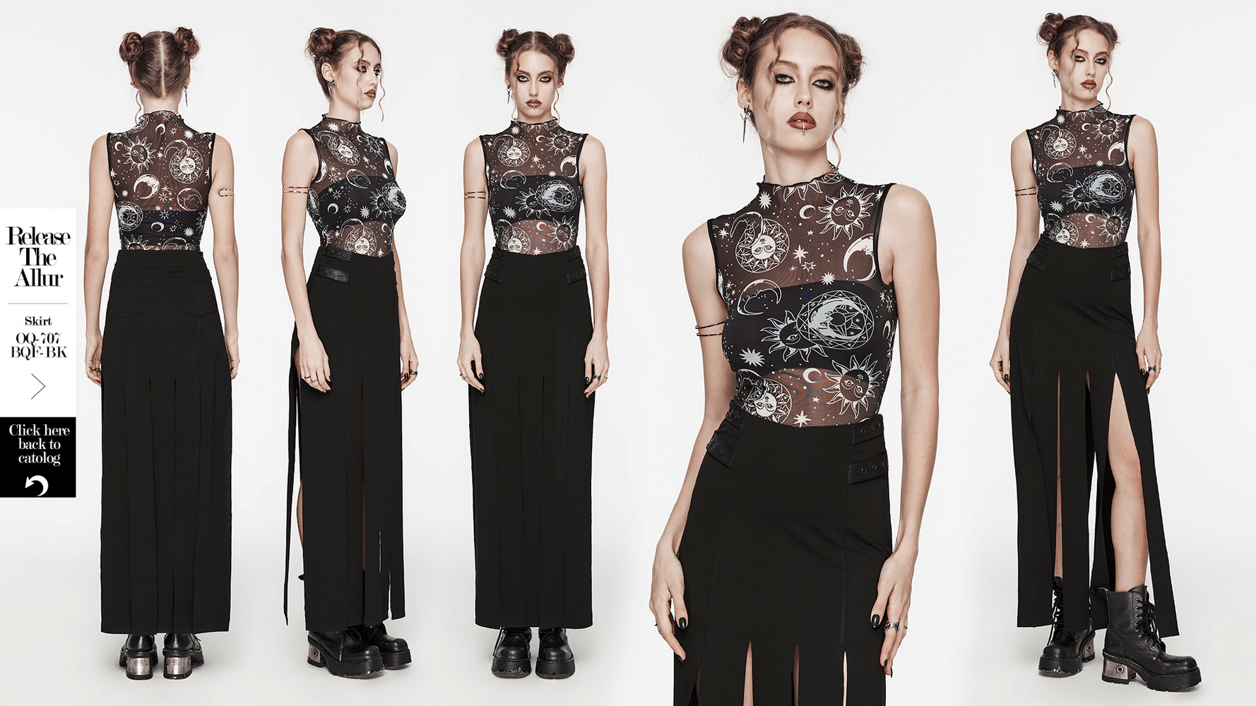 Gothic black mesh sleeveless top with sun and moon print, paired with stylish black skirt and edgy footwear.