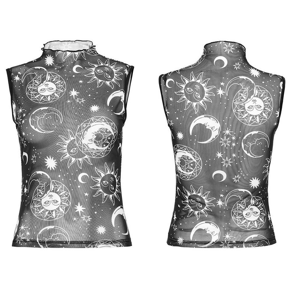 Gothic black mesh sleeveless top featuring celestial sun and moon print, perfect for an edgy style statement.